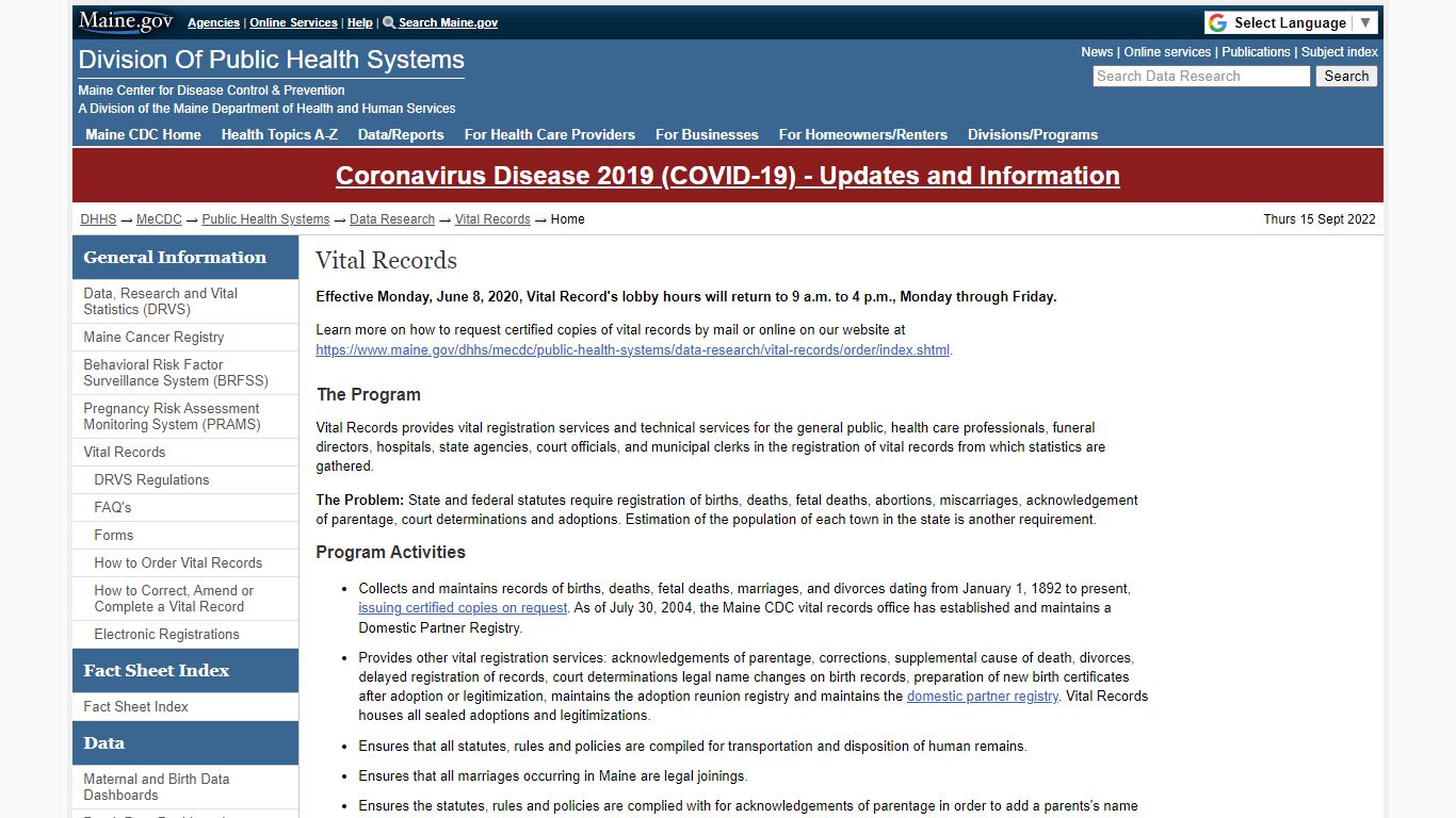 Office of Data, Research, and Vital Statistics | MeCDC | Maine DHHS